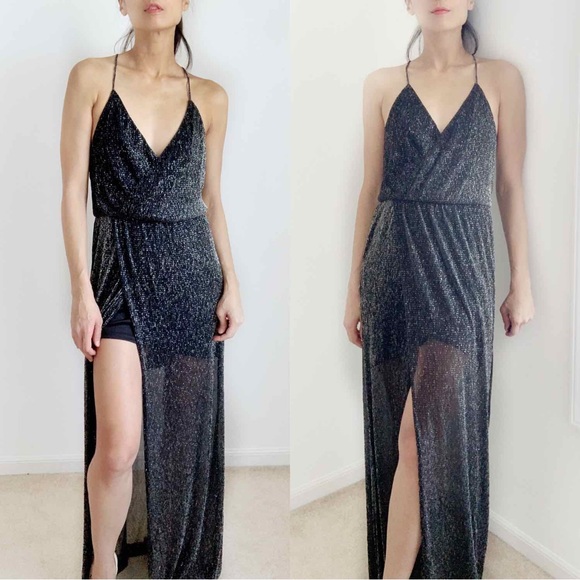 BLACK SHEER GLITTER HIGH CUT MAXI DRESS - Picture 4 of 16